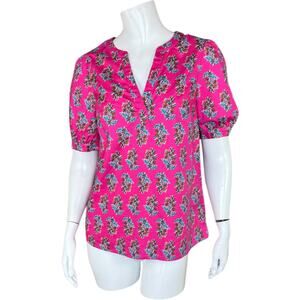 J. Crew Factory Printed Short Sleeve V-Neck Poplin Top Size XS Pink Floral‎